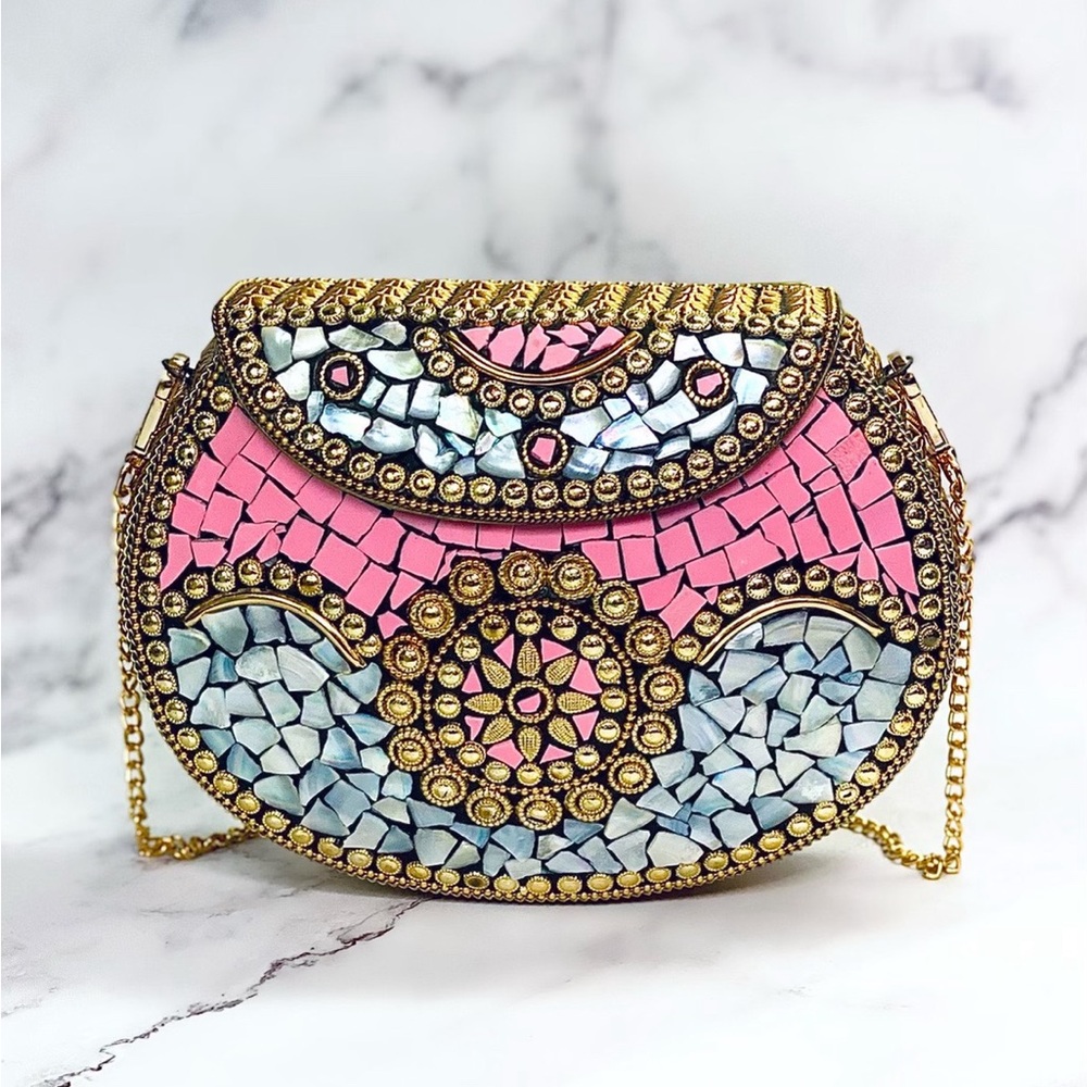 Ramla Beverly Handmade Pink &‎ Gold Mosaic Clutch statement purse shoulder chain